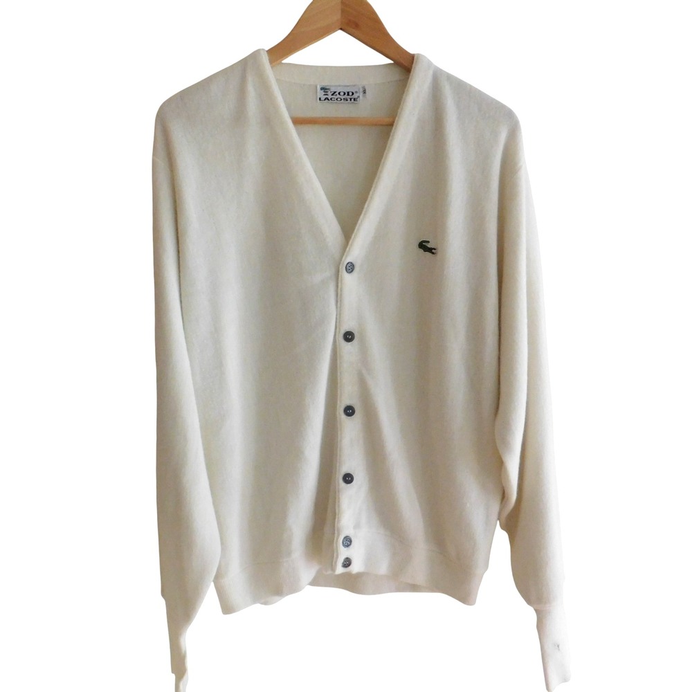 Vintage Izod Lacoste Knit Cardigan Made In USA 80s Ivory Gator Men's XL